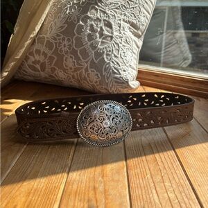 Tony Lama Dark Brown Belt with Ornate Silver Buckle